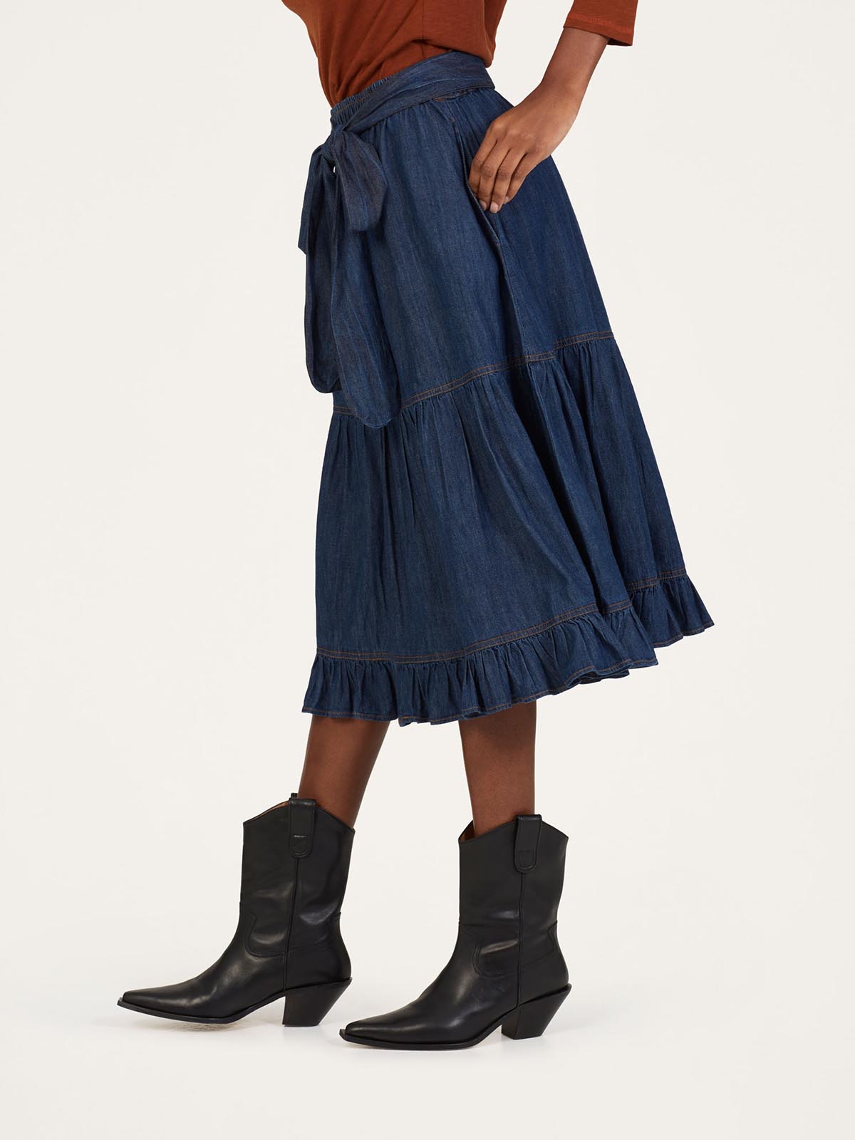 Asterope Organic Cotton Chambray Midi Skirt - Dark Indigo Blue