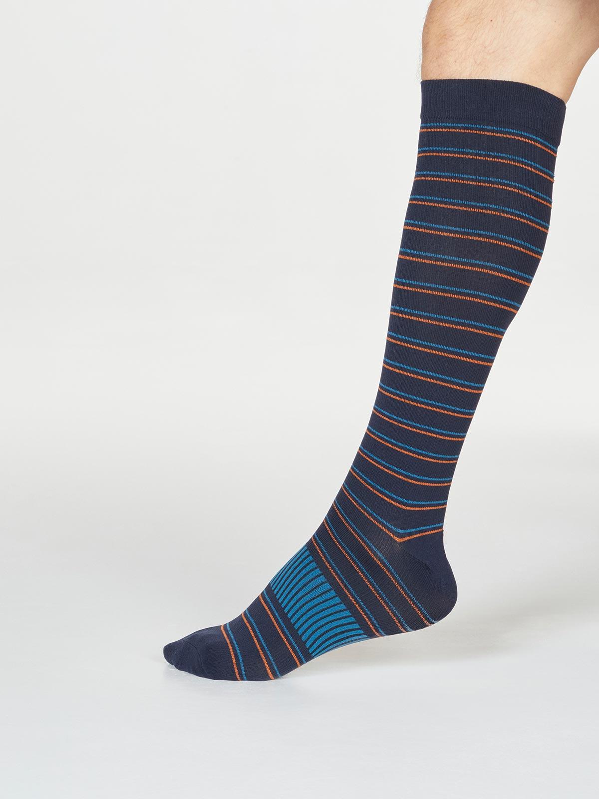 Perry Stripe Recycled Nylon Flight Compression Socks - Navy - Thought Clothing UK