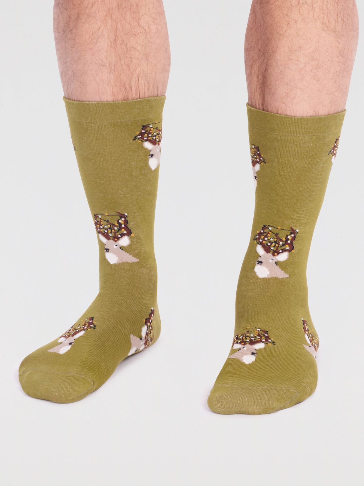 Celyn Organic Cotton Christmas Stag Socks - Lichen Green