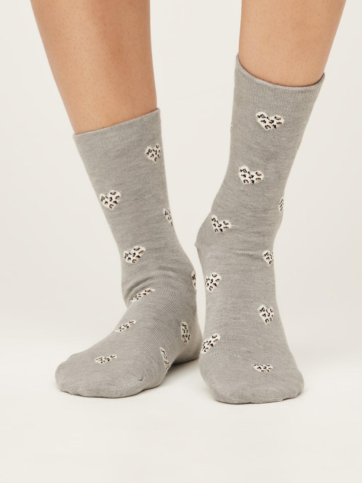 Leopard Heart Socks - Mid Grey Marle - Thought Clothing UK