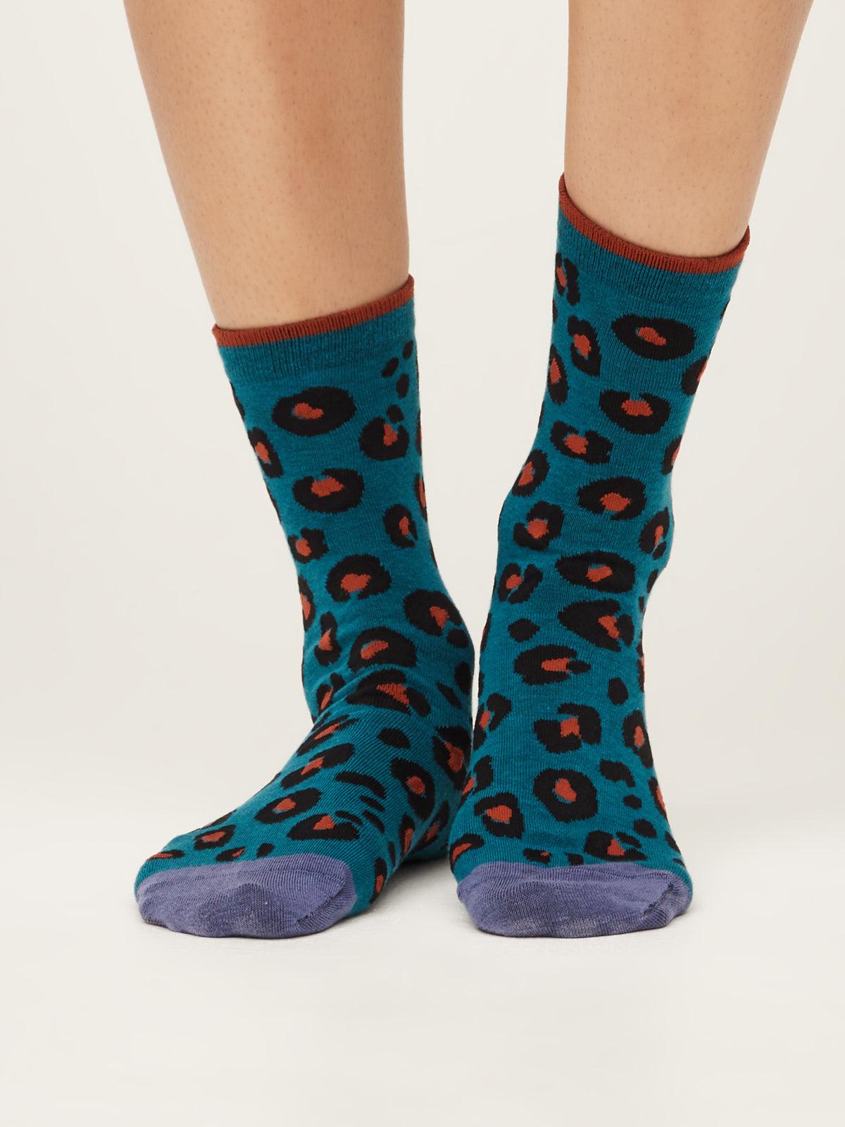 GOTS Leopard Print Socks - Lagoon Blue - Thought Clothing UK