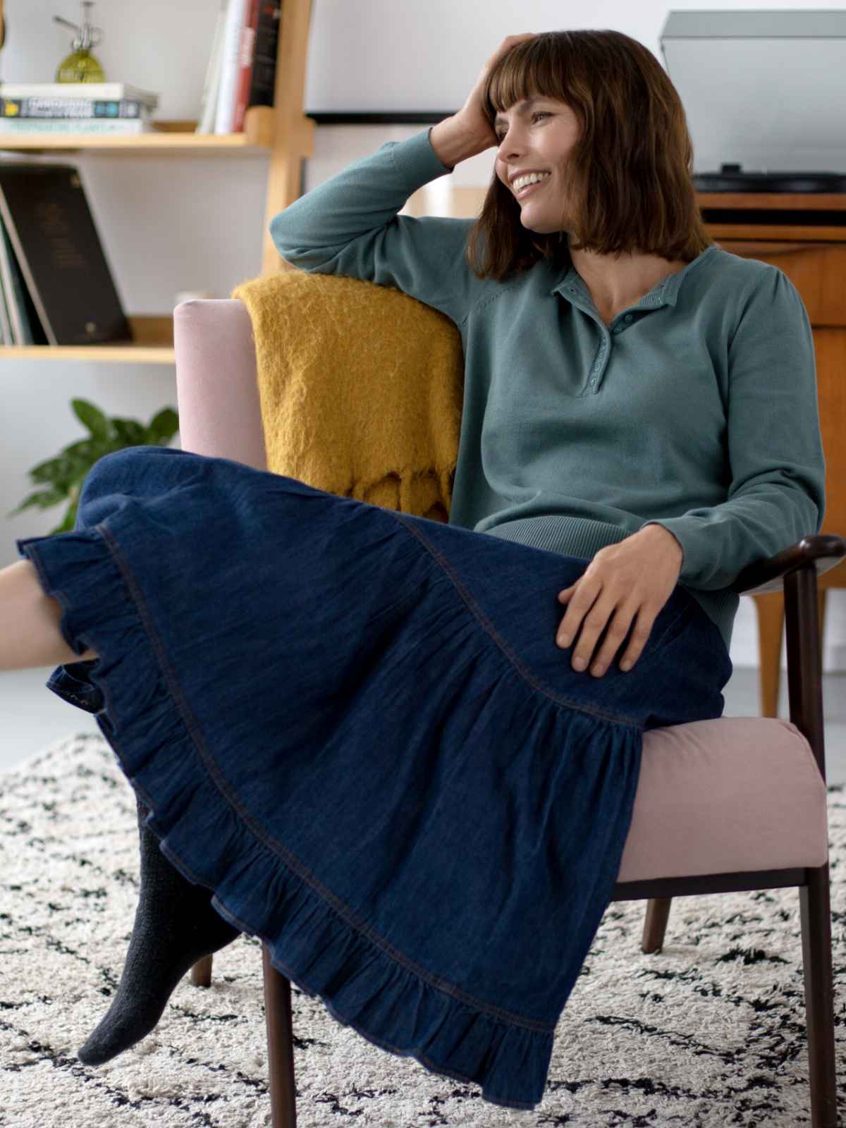 Asterope Organic Cotton Chambray Midi Skirt Dark Indigo Blue