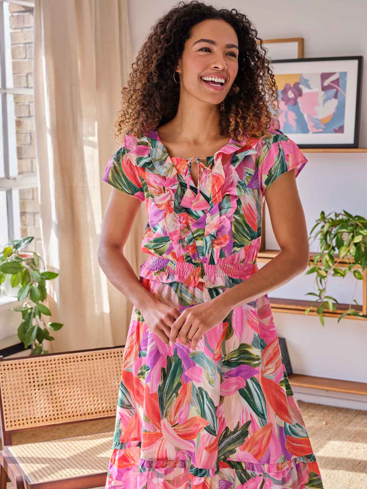 Adella Hemp Tropical Frill Dress - Multi