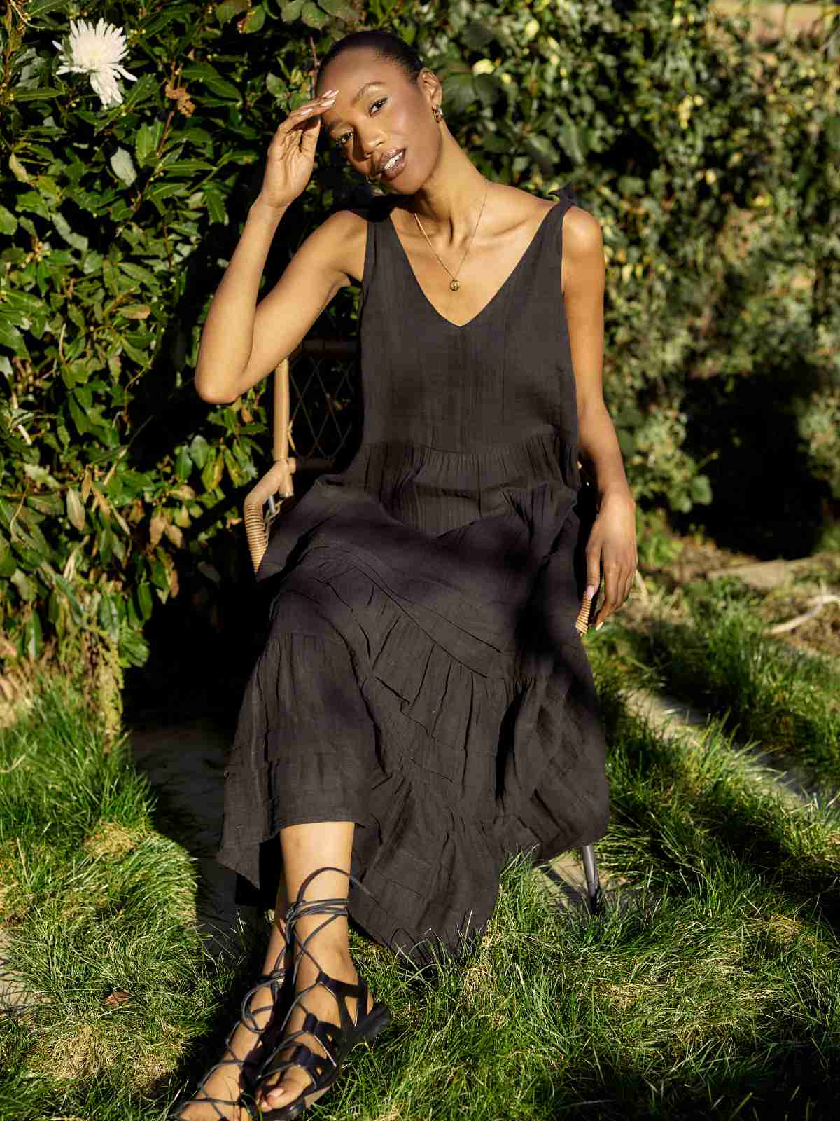 Marisol Organic Cotton Tie Strap Midi Dress - Black