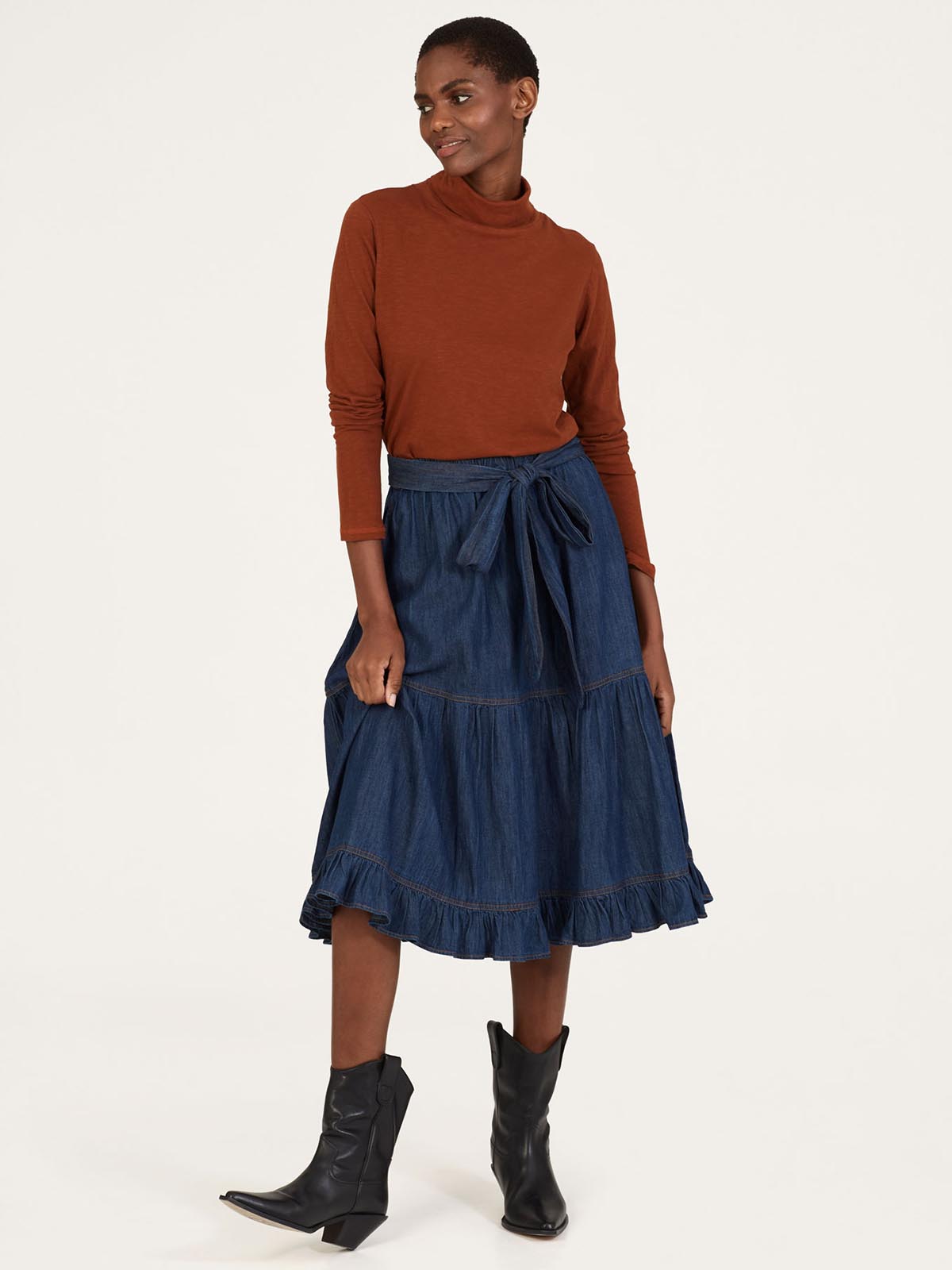 Asterope Organic Cotton Chambray Midi Skirt - Dark Indigo Blue