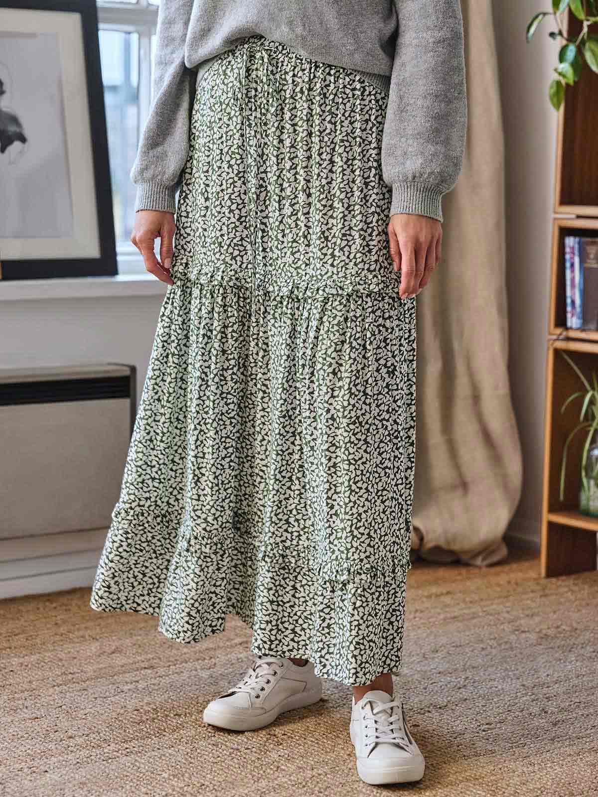 Mapel Lenzing Ecovero Tiered Maxi Skirt Forest Green