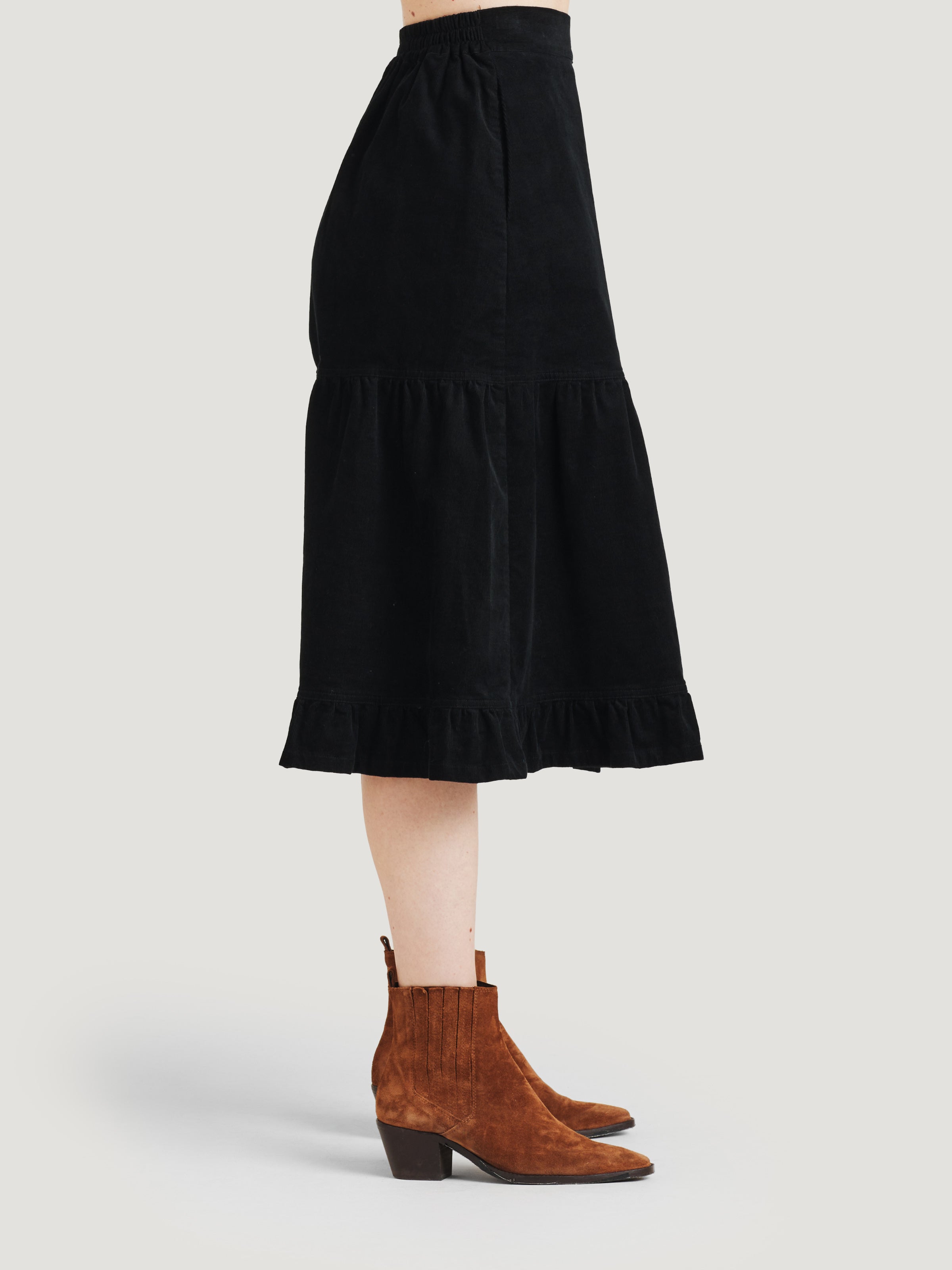 Milou Organic Cotton Corduroy Tiered Midi Skirt - Black