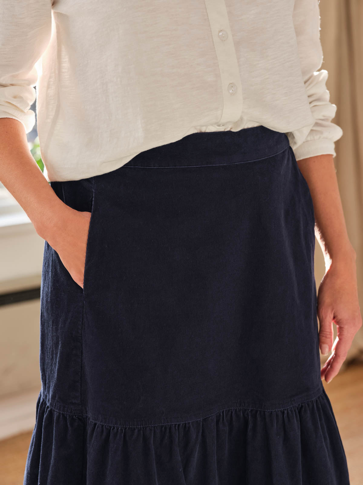 Milou Organic Cotton Corduroy Tiered Midi Skirt - Navy