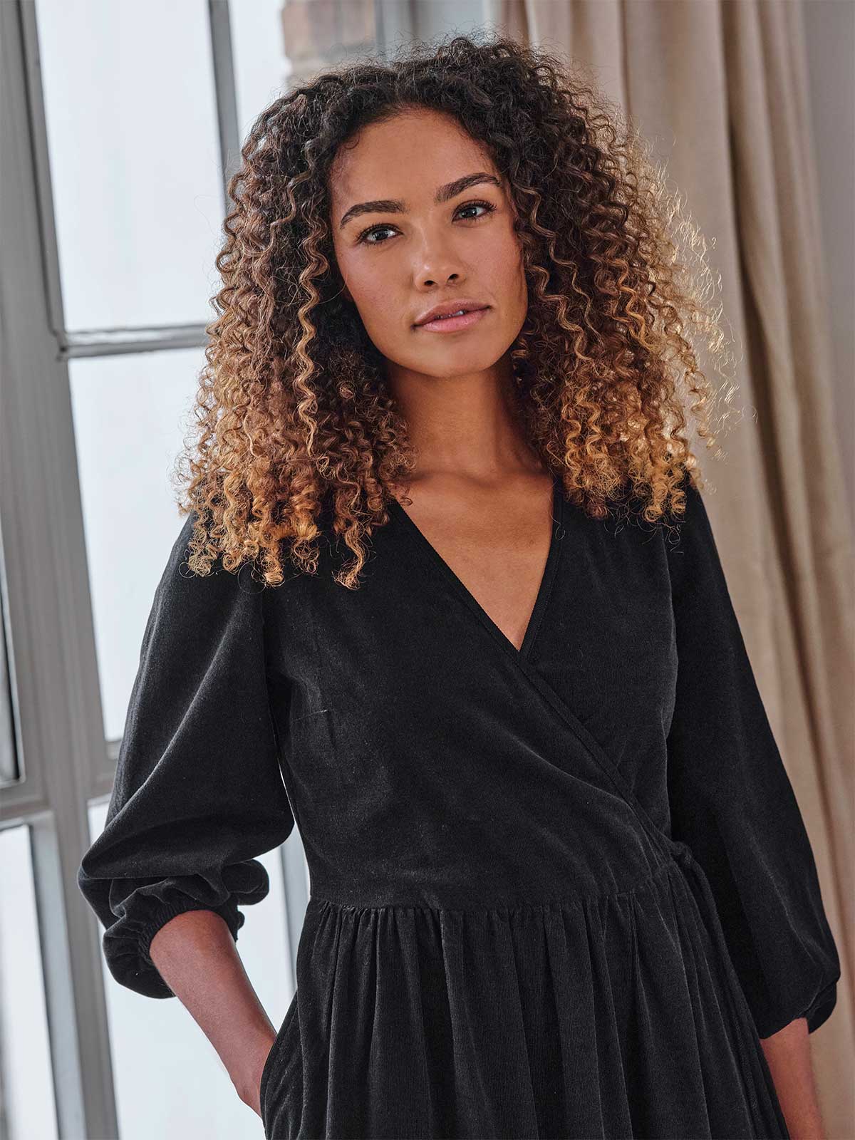 Milou Organic Cotton Corduroy Wrap Dress Black