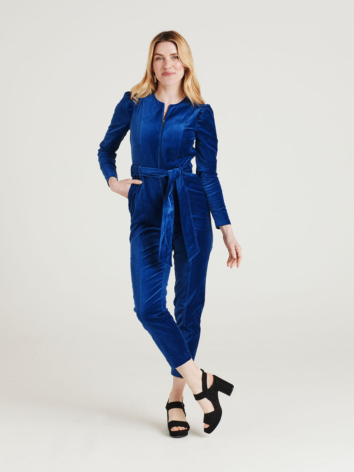 Blue Velvet Wrap Jumpsuit, Long Sleeve Jumpsuit With Pockets - Etsy