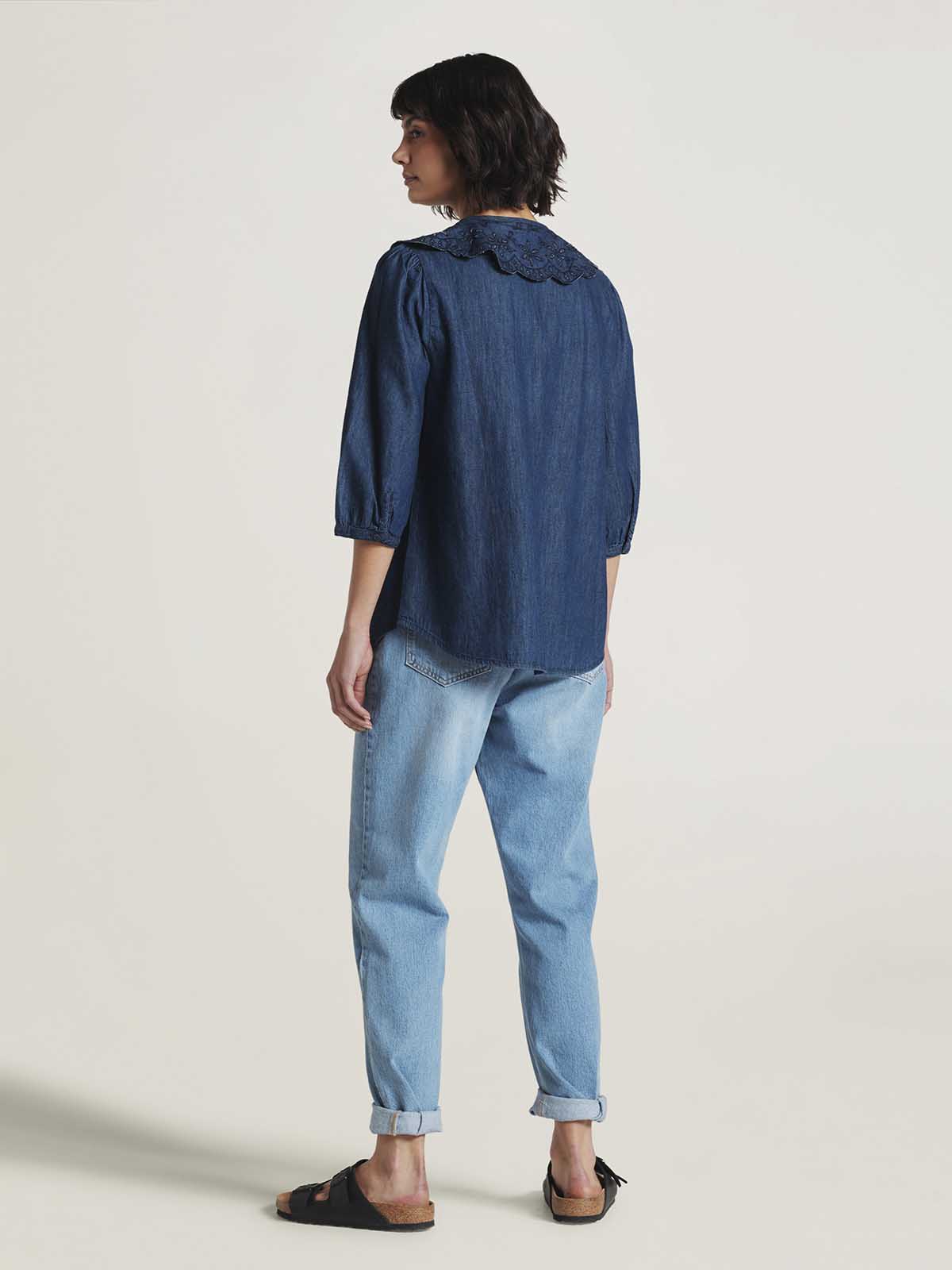 Asterope Organic Cotton Chambray Embroidered Shirt - Dark Indigo Blue