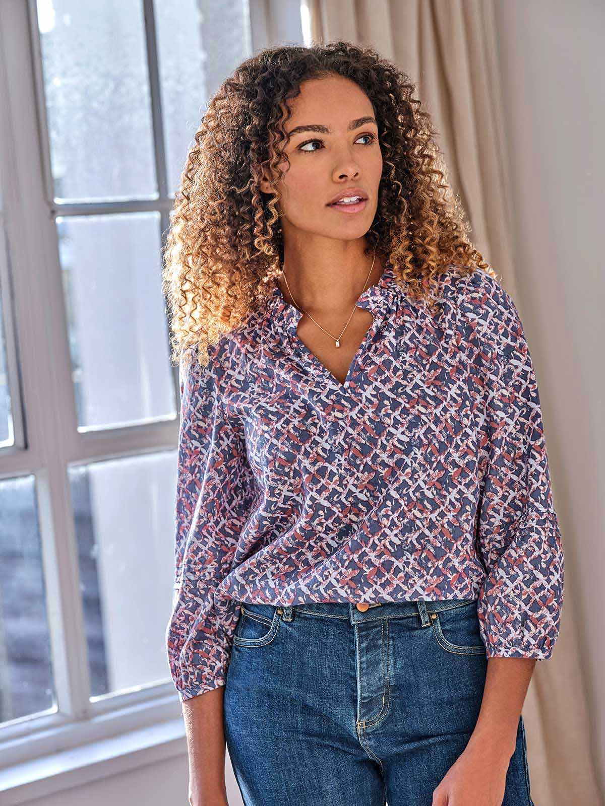Deep v neck printed blouse cheap