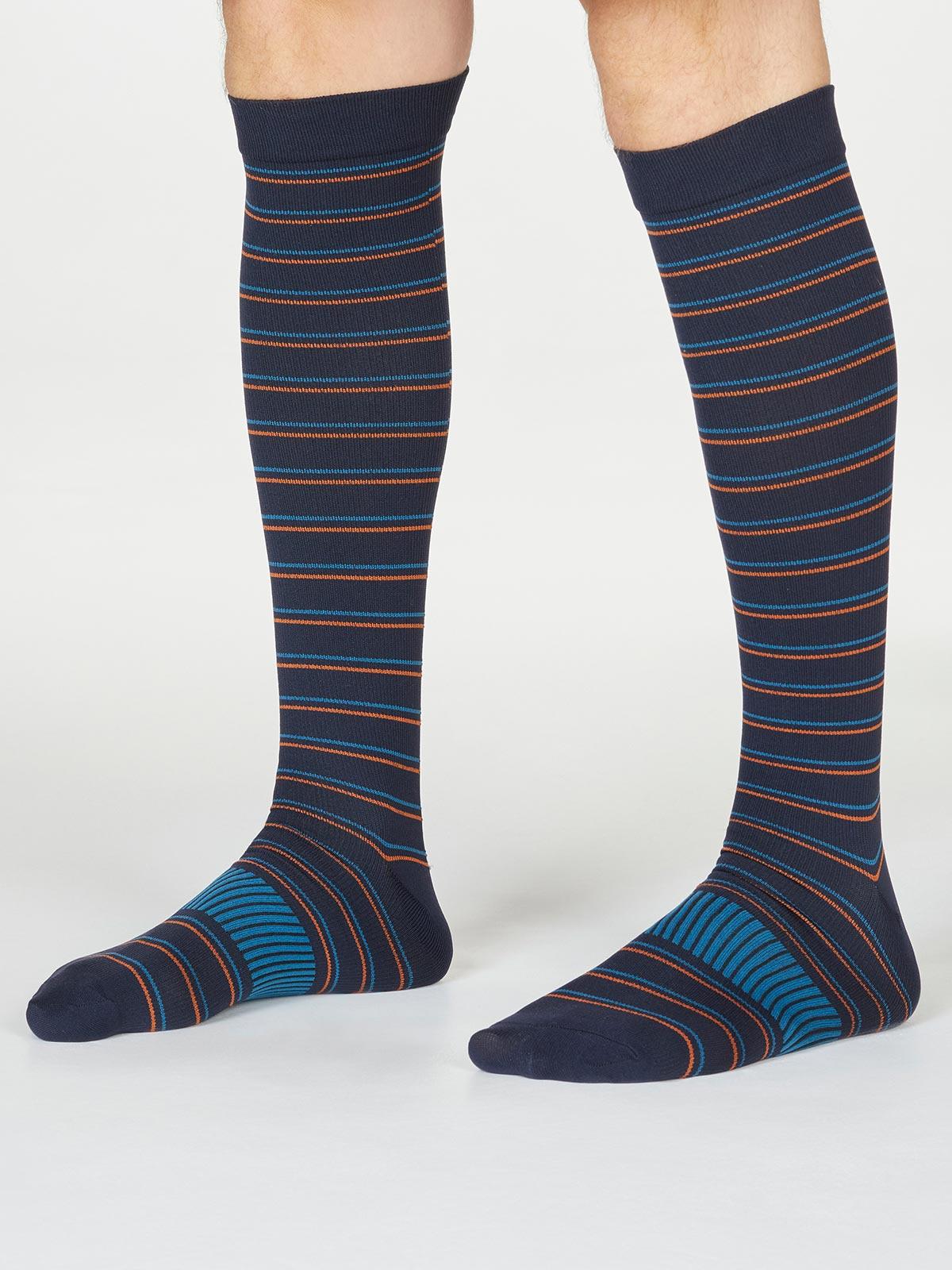 Perry Stripe Recycled Nylon Flight Compression Socks - Navy - Thought Clothing UK
