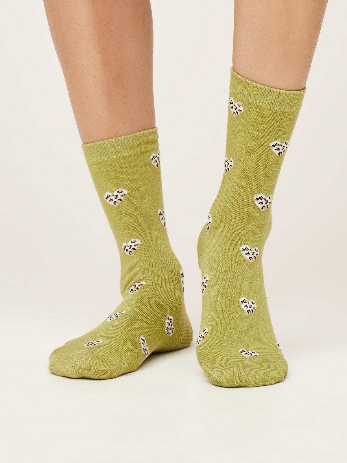 Leopard Heart Socks - Pea Green - Thought Clothing UK