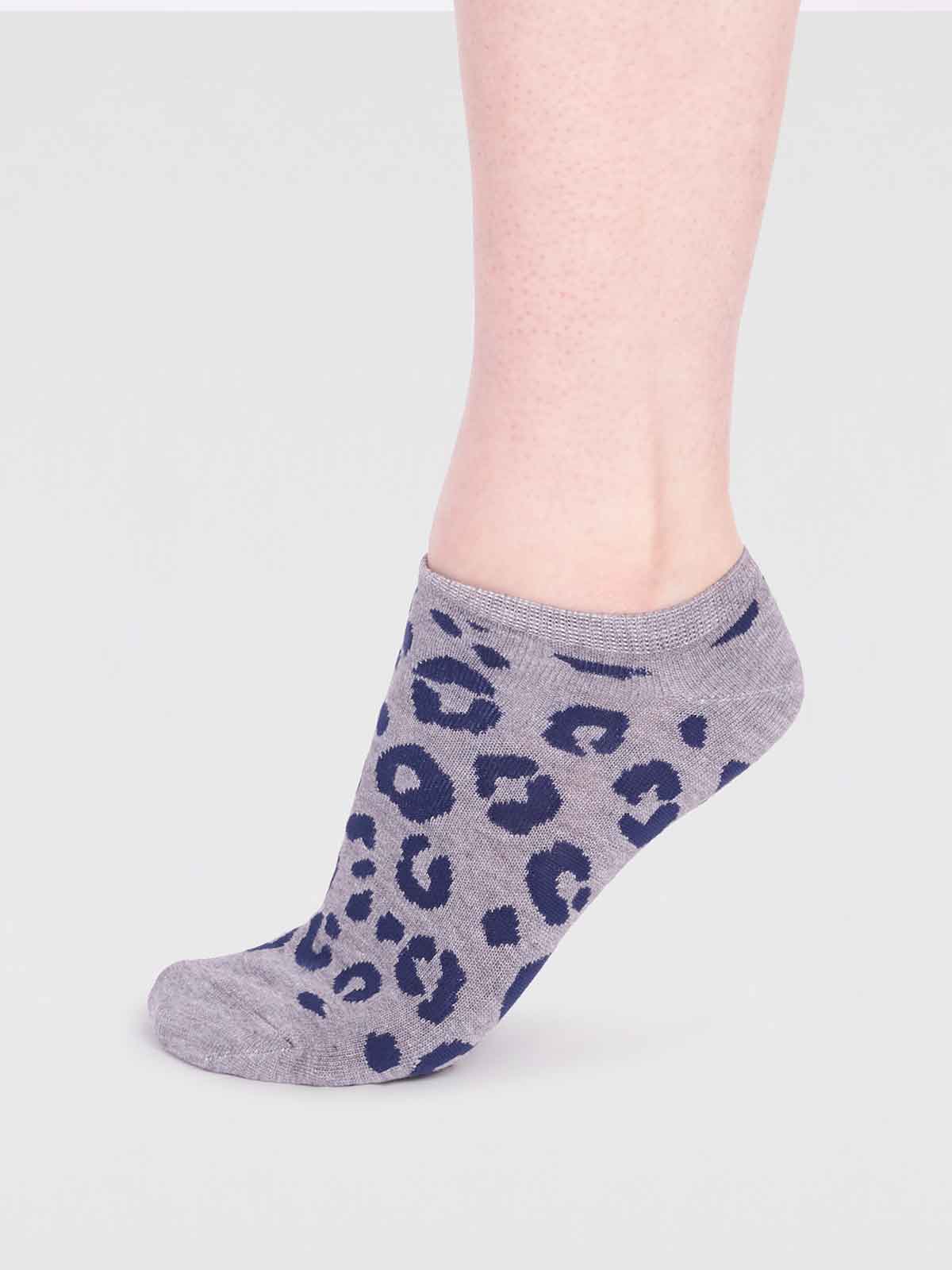 Reese Bamboo Leopard Print Trainer Socks - Grey Marle
