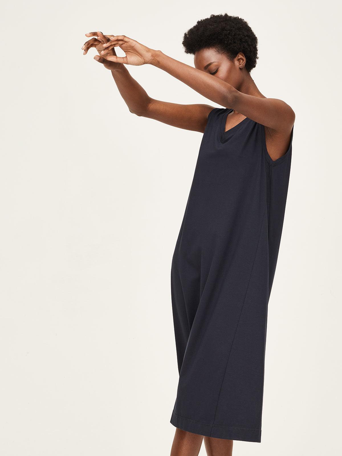 Selina Organic Cotton Sleeveless Trapeze Dress - Navy - Thought Clothing UK