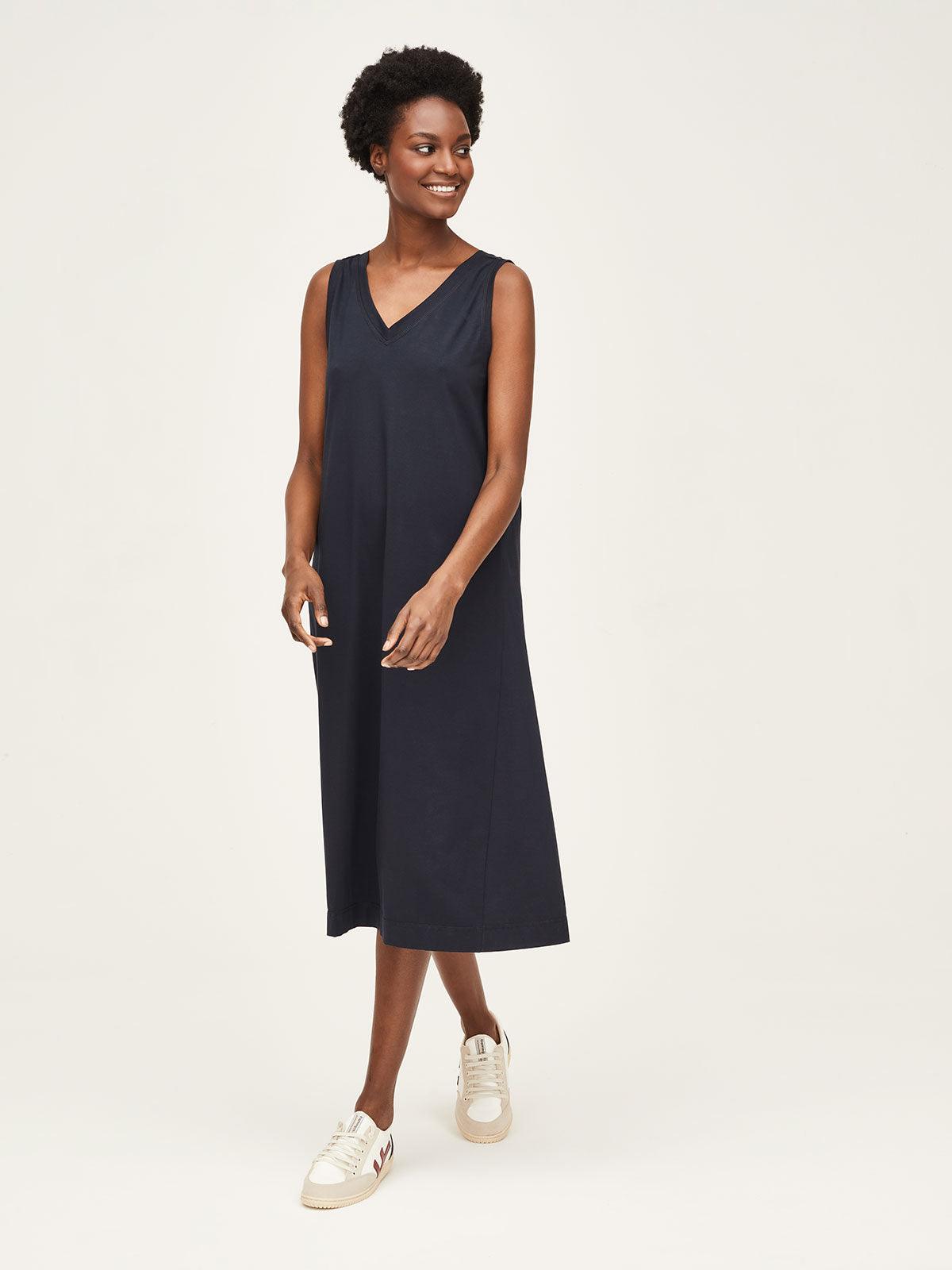 Selina Organic Cotton Sleeveless Trapeze Dress - Navy - Thought Clothing UK