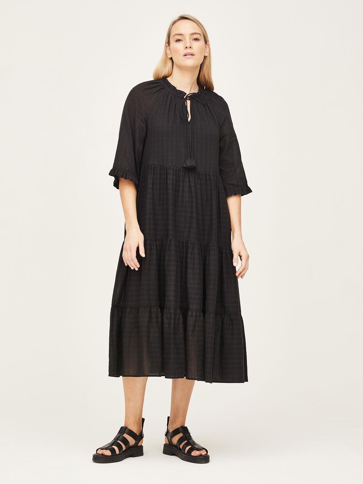 Dianella Organic Cotton Midi Trapeze Dress in Black
