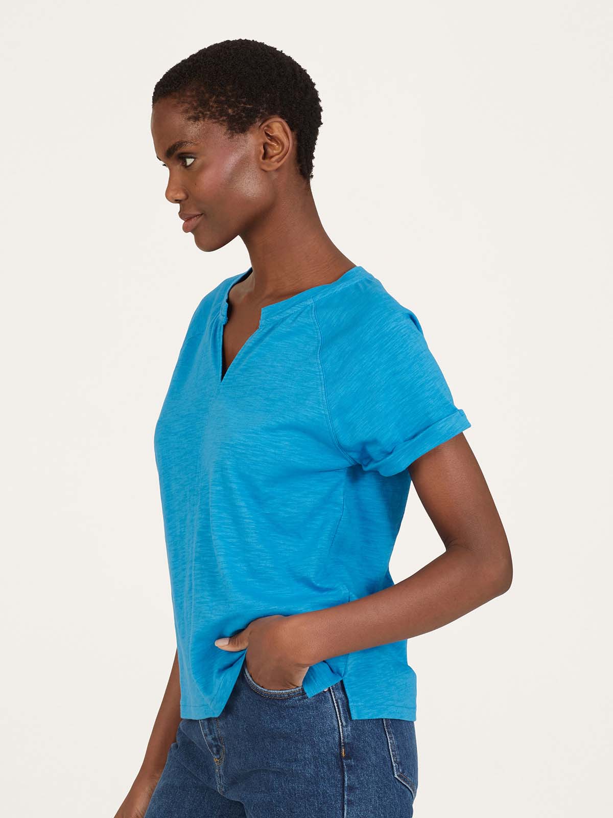 Fairtrade Organic Cotton Notch Neck T-Shirt - Azure Blue