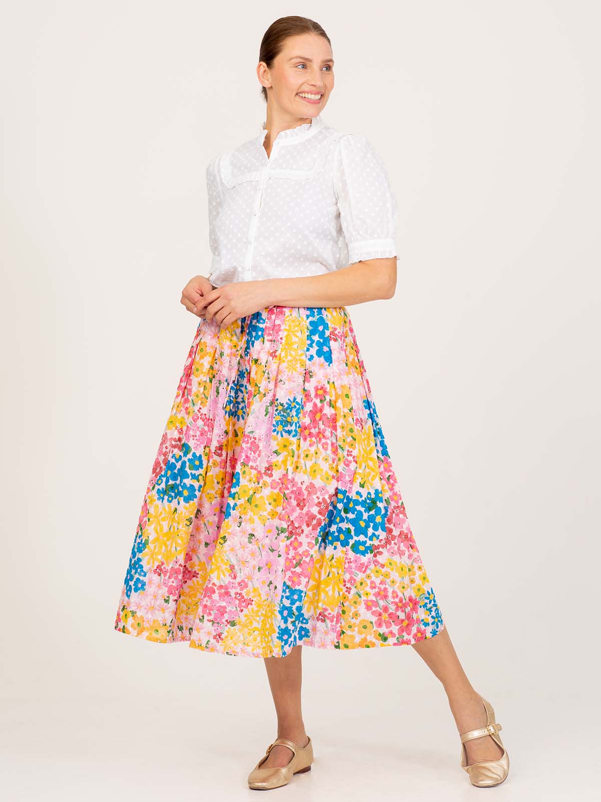 Yara Organic Cotton Floral Dobby Midi Skirt - Multi