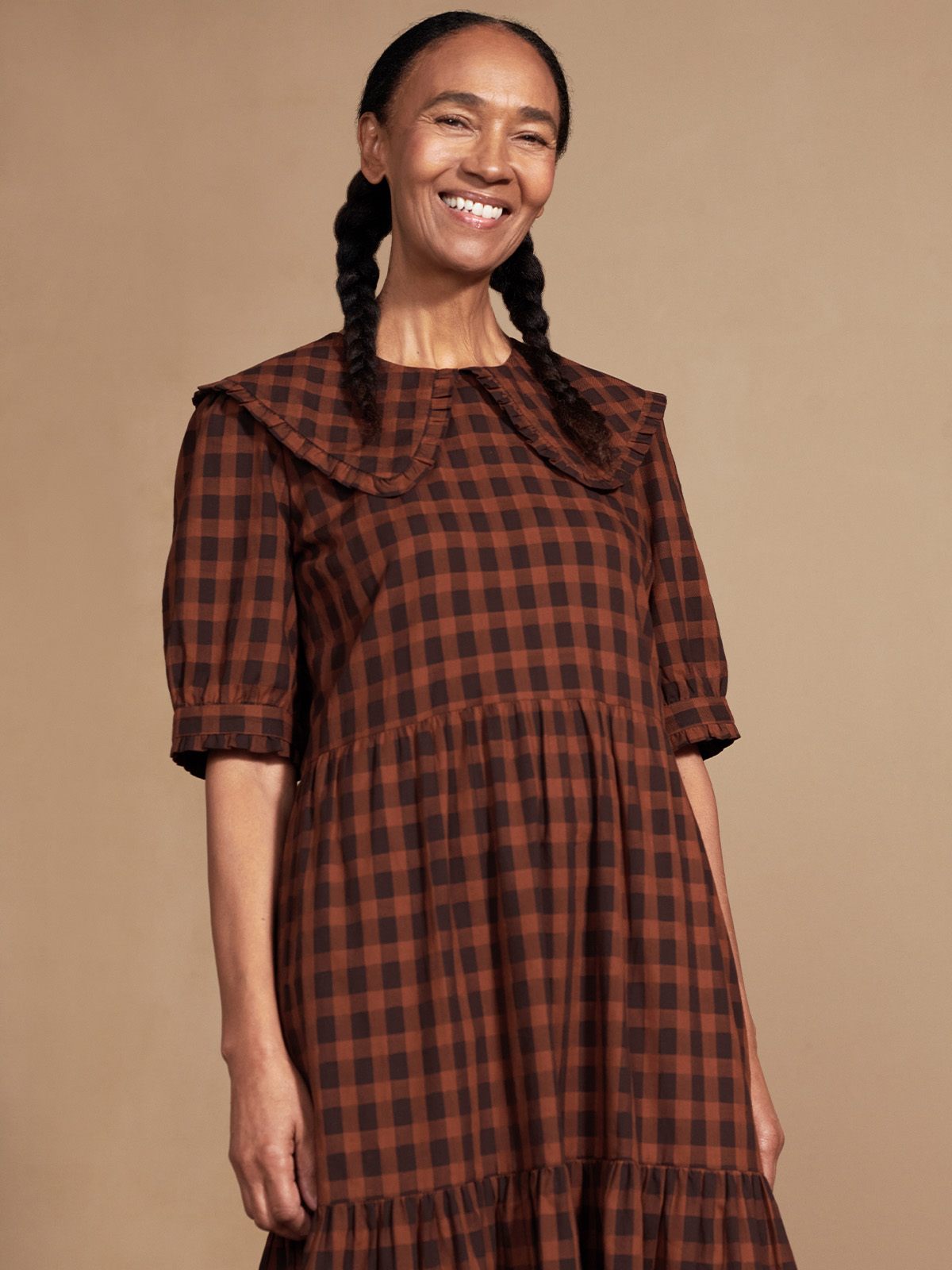 Nami Organic Cotton Checked Collar Midi Dress - Chocolate Brown